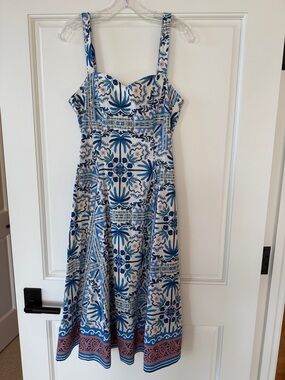 Avec Les Filles Blue & White Printed Midi Dress with Border Hem - NWT Size 8